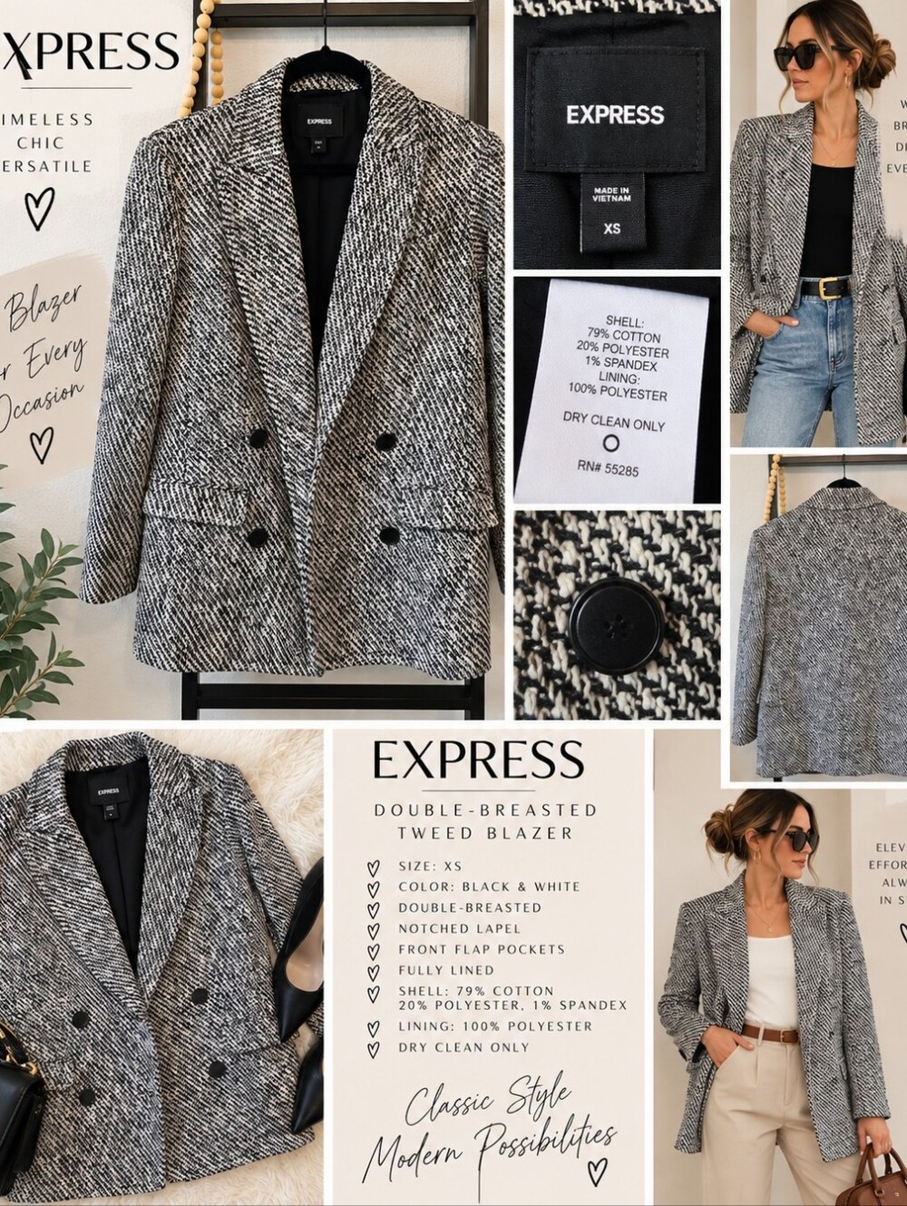 Express Black & White Tweed Double-Breasted Blazer – XS